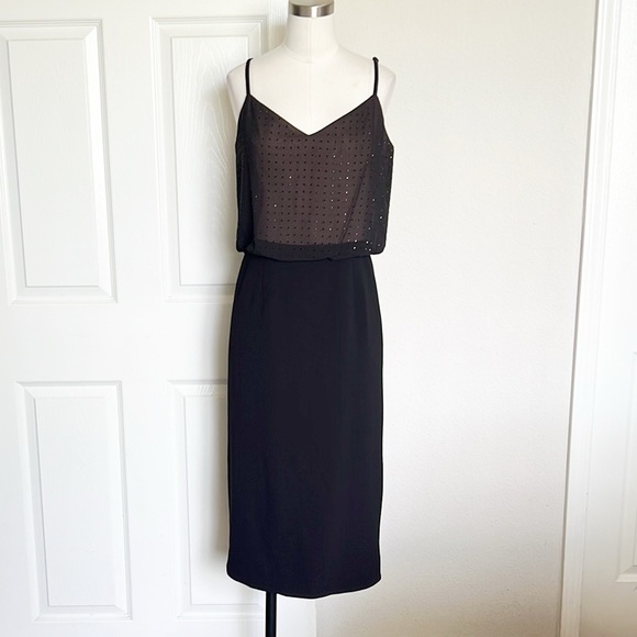 Dress the Population Black Sheer Bodice Midi Dress - Picture 1 of 8